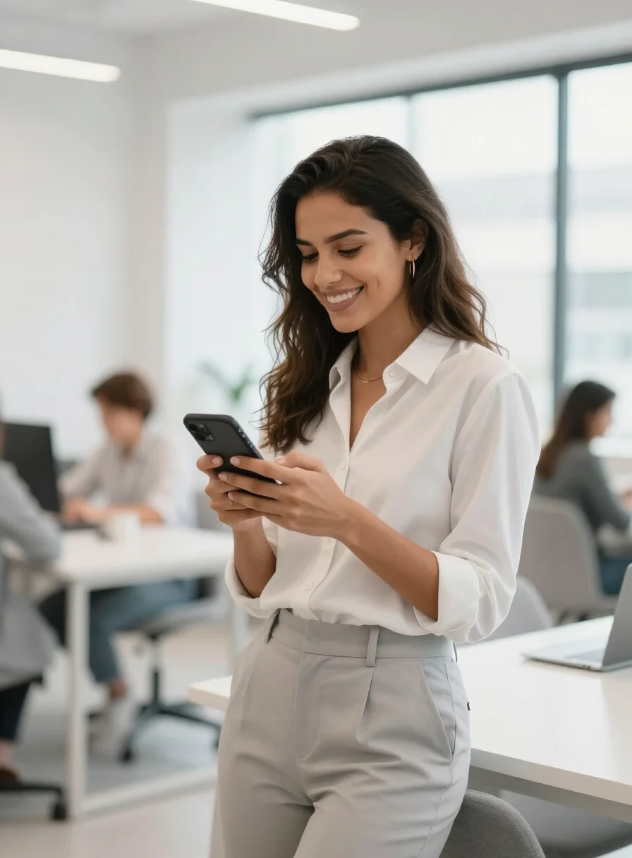 Empreendedora usando o aplicativo Acont no celular